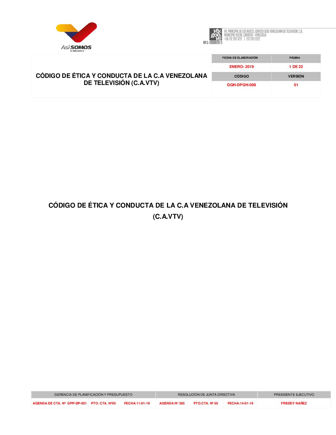 Codigo de Etica y Conducta de C.A. Venezolana de Television