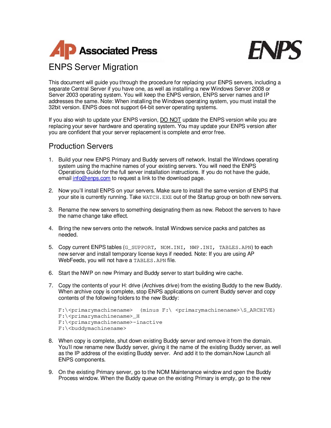 ENPS QuickStart Guide – ENPS Server Migration Procedures