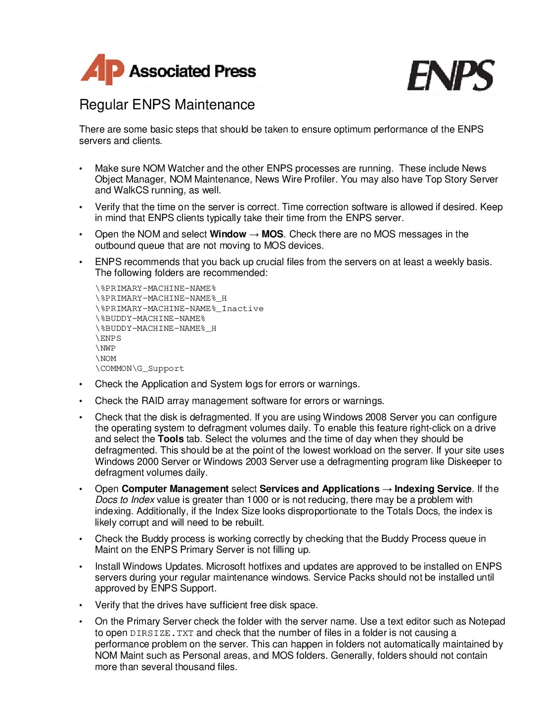 ENPS QuickStart Guide – Performing Regular ENPS Maintenance