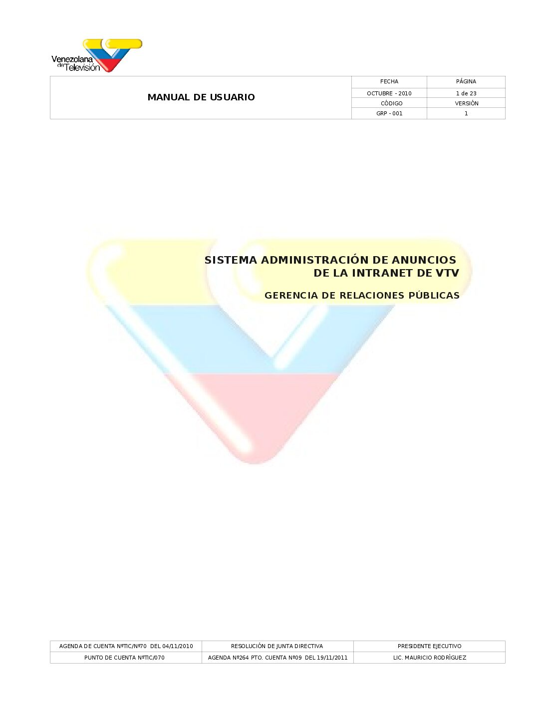 Sistema Administración de Anuncios de la Intranet de vtv